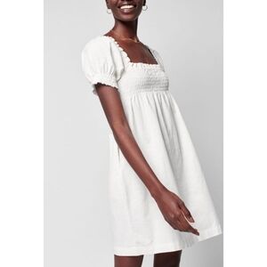 Faherty Ramona White Smocked Puff Sleeve 100% Organic Cotton Dress Sz L